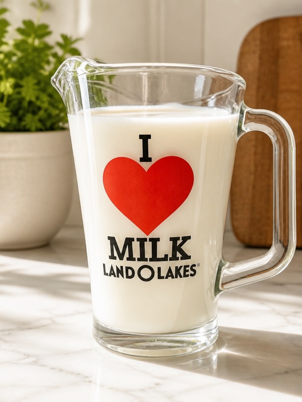Land O' Lakes "I Love Milk" clear glass advertising pitcher 64 OZ Size.